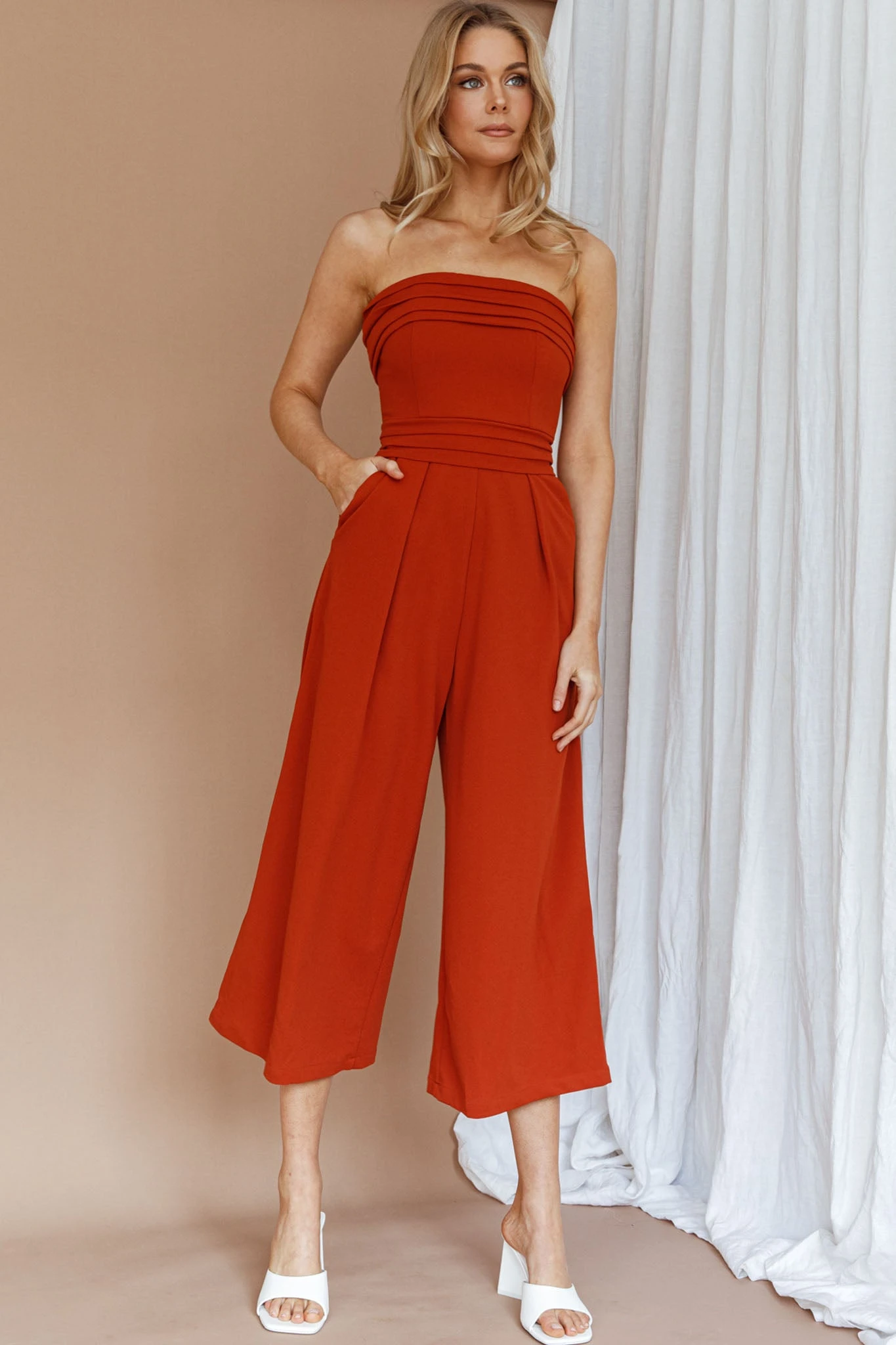 Chosen Strapless Wide Leg Jumpsuit Orange - Image 6