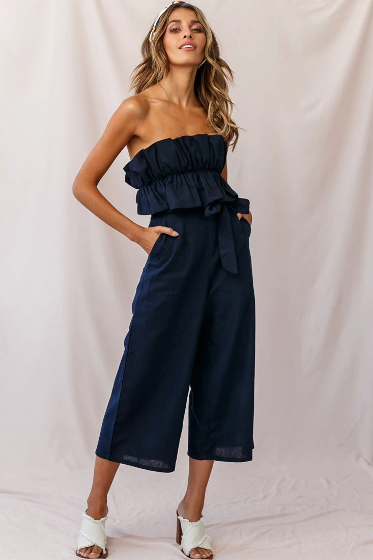 Thea Ruffle Crop Top Jumpsuit Navy - Image 4