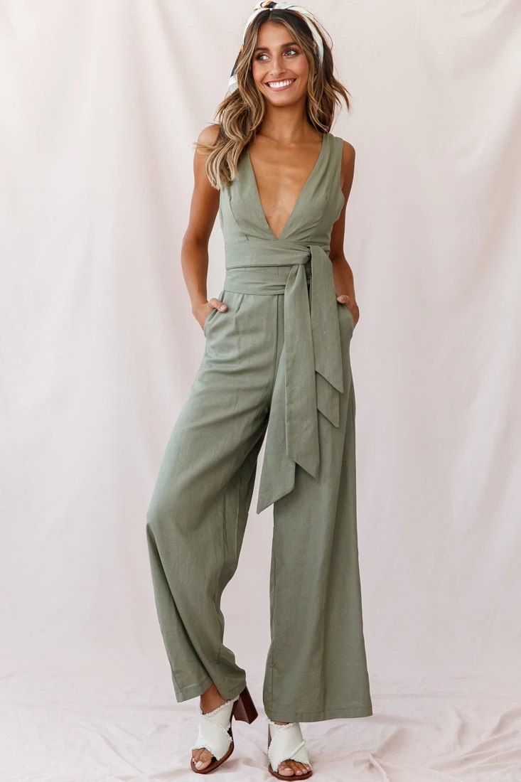 Dylan V-Neckline Wide Leg Jumpsuit Olive - Image 2