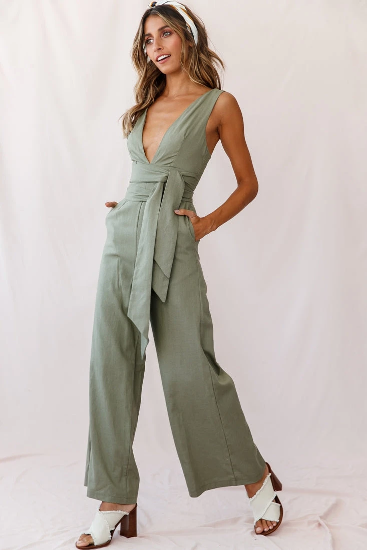 Dylan V-Neckline Wide Leg Jumpsuit Olive - Image 3