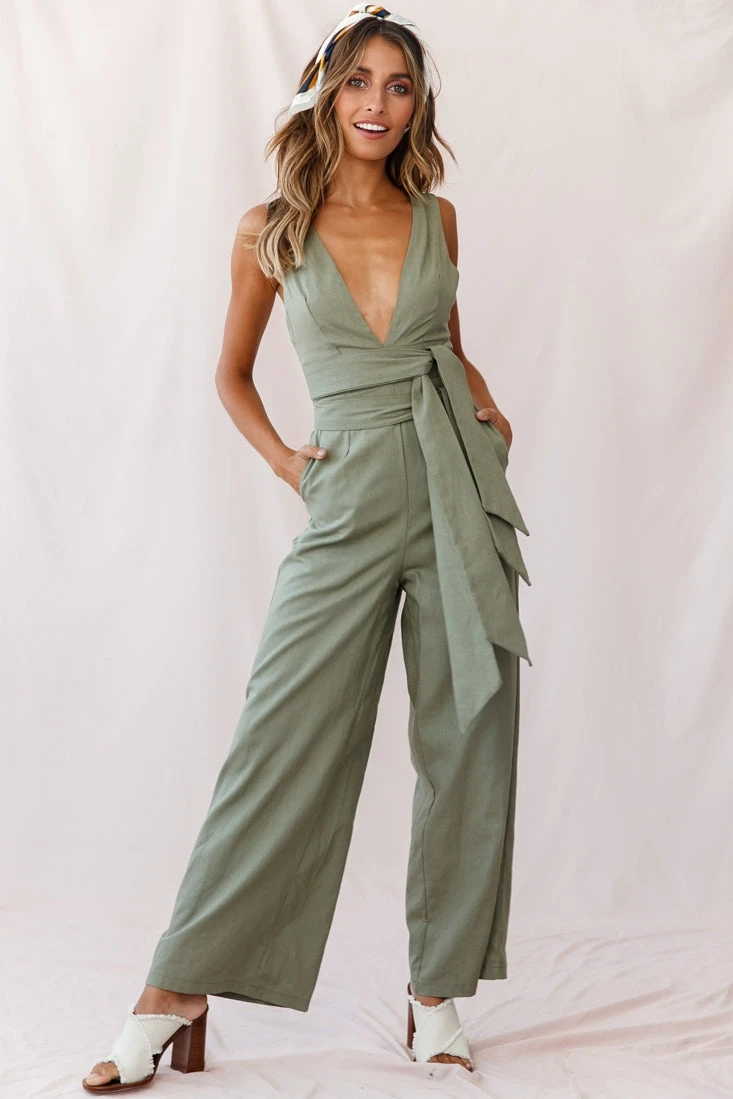 Dylan V-Neckline Wide Leg Jumpsuit Olive - Image 6
