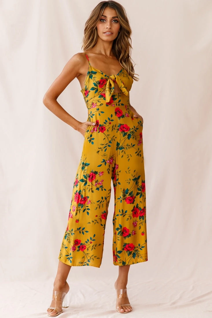 Call Me Wide-Leg Tied Bust Jumpsuit Floral Print Mustard - Image 2