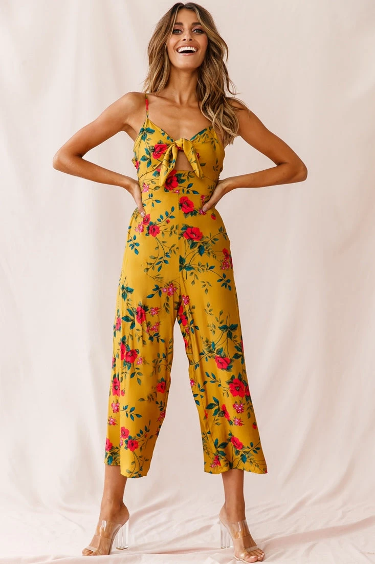 Call Me Wide-Leg Tied Bust Jumpsuit Floral Print Mustard - Image 5