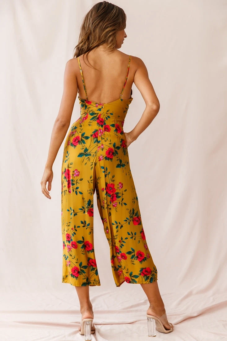 Call Me Wide-Leg Tied Bust Jumpsuit Floral Print Mustard - Image 3