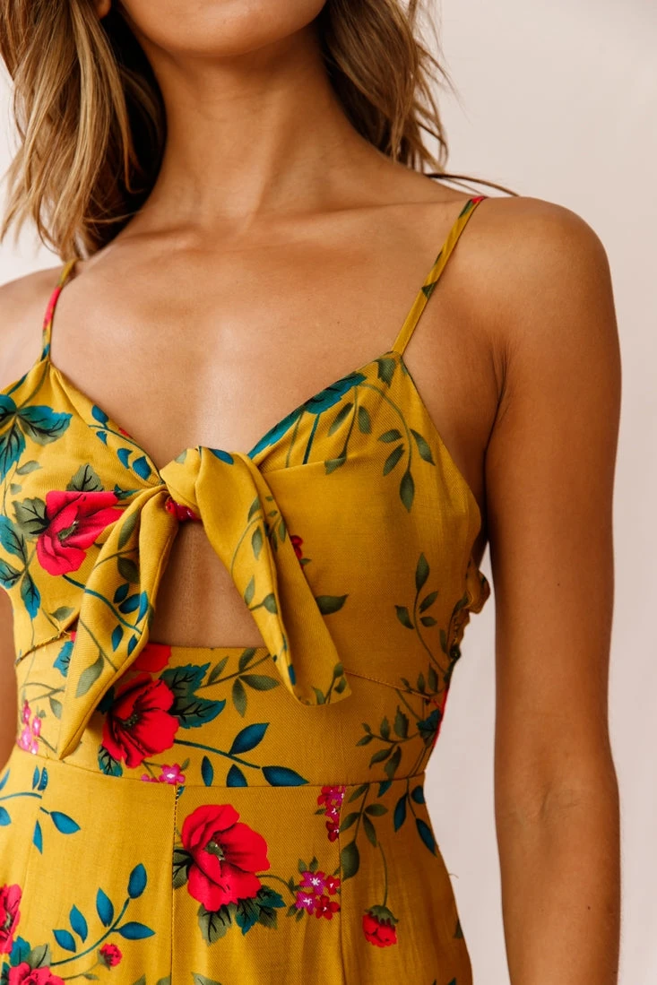 Call Me Wide-Leg Tied Bust Jumpsuit Floral Print Mustard - Image 4