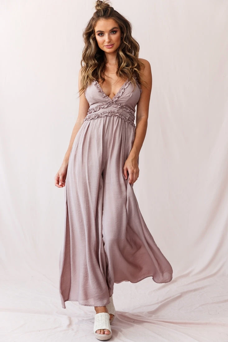 Laney Wide Leg Ruffle Detail Jumpsuit Mocha - Image 2