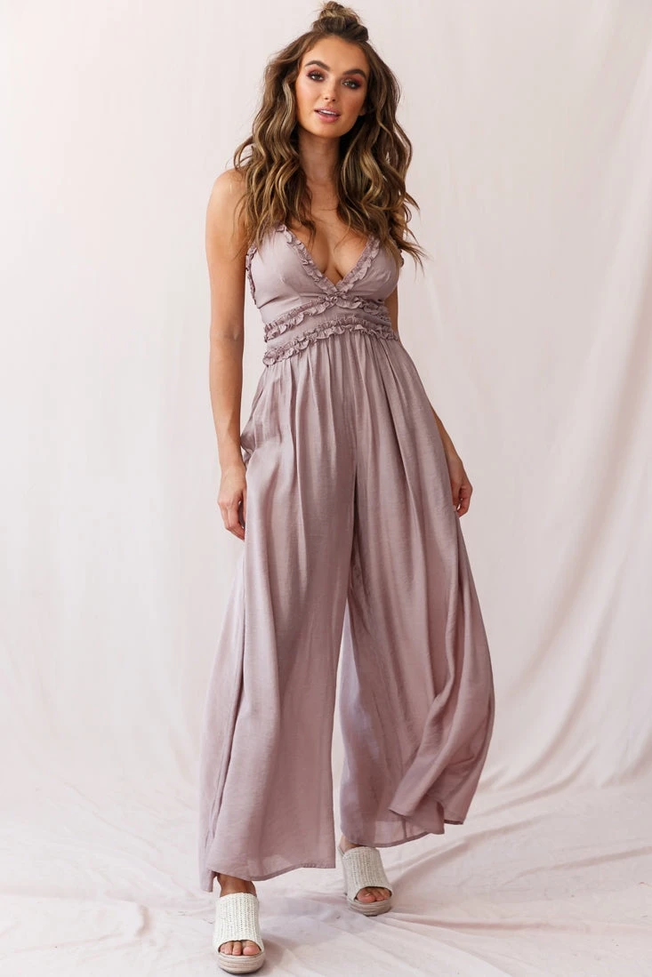 Laney Wide Leg Ruffle Detail Jumpsuit Mocha - Image 7