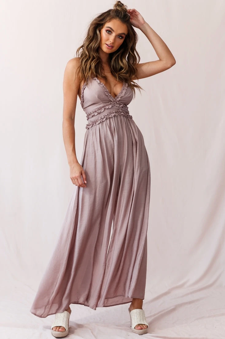 Laney Wide Leg Ruffle Detail Jumpsuit Mocha - Image 6
