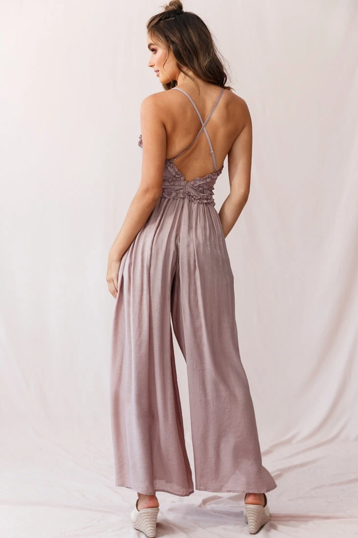 Laney Wide Leg Ruffle Detail Jumpsuit Mocha - Image 3