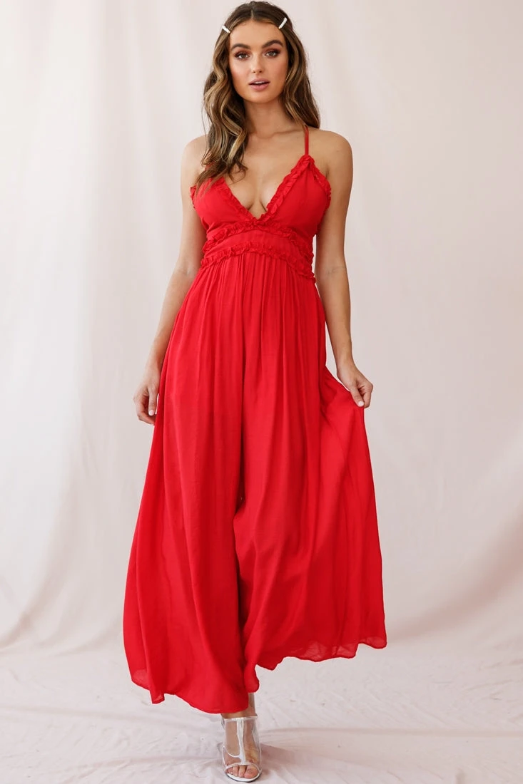 Laney Wide Leg Ruffle Detail Jumpsuit Red - Image 5