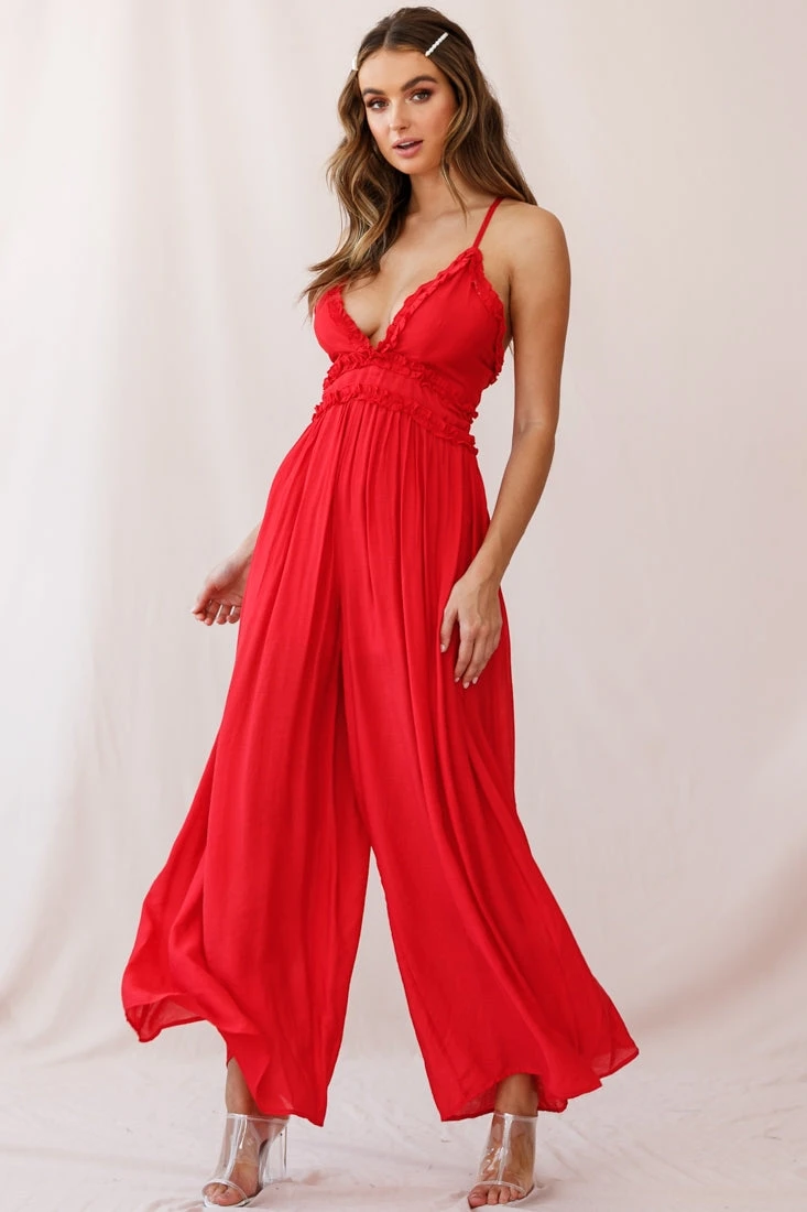 Laney Wide Leg Ruffle Detail Jumpsuit Red - Image 2