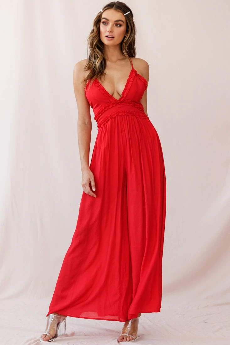 Laney Wide Leg Ruffle Detail Jumpsuit Red - Image 6