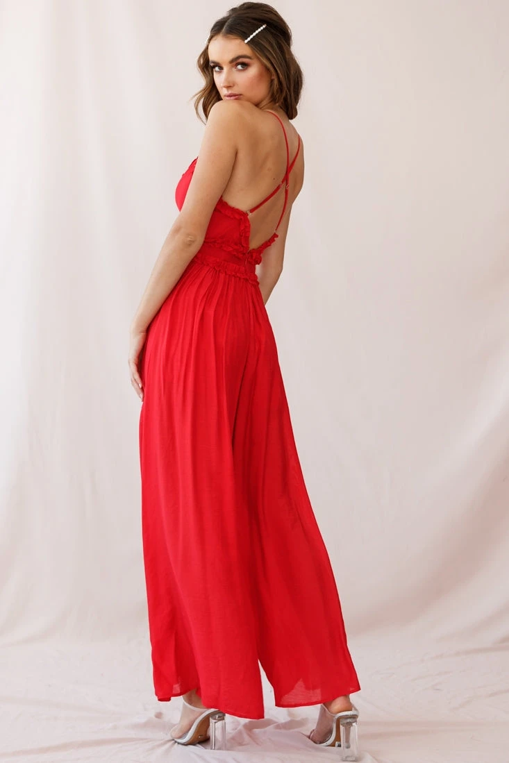 Laney Wide Leg Ruffle Detail Jumpsuit Red - Image 3