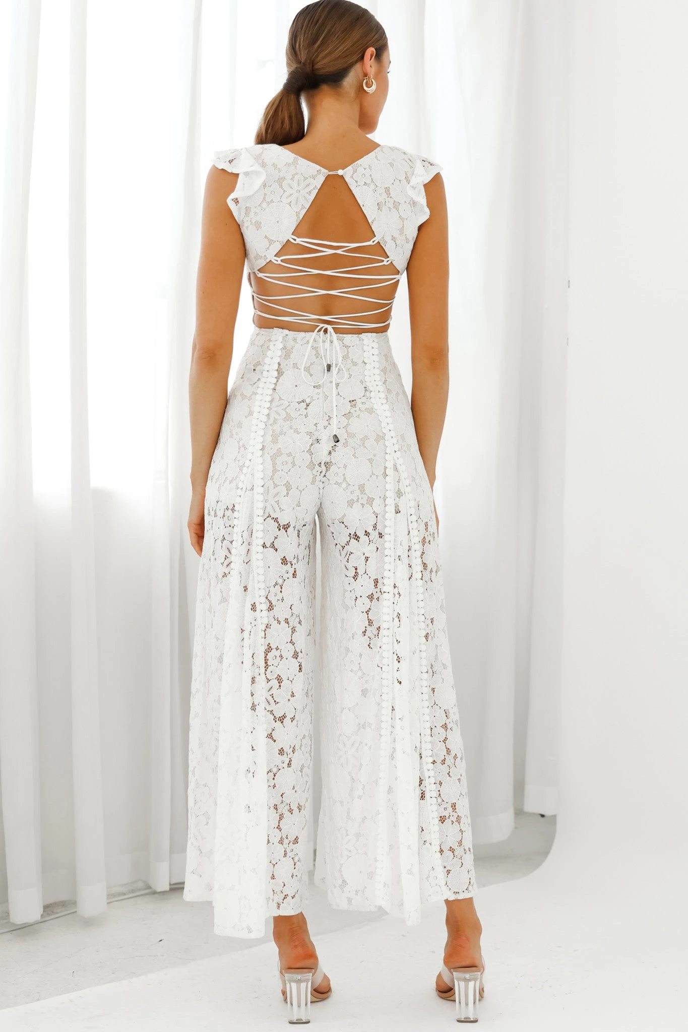 Take Note Laced-Back Frill Shoulder Lace Jumpsuit White - Image 2