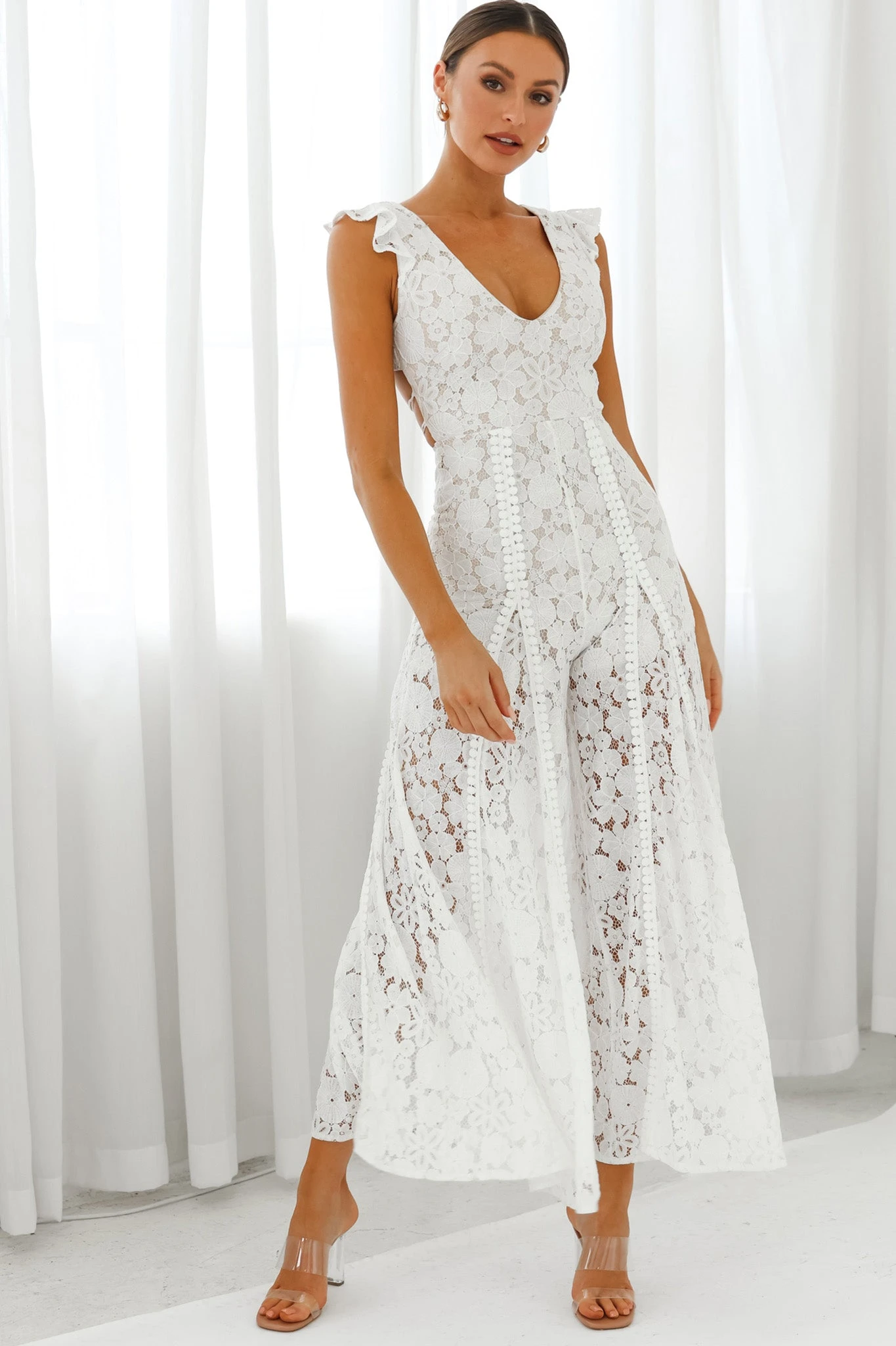 Take Note Laced-Back Frill Shoulder Lace Jumpsuit White - Image 5