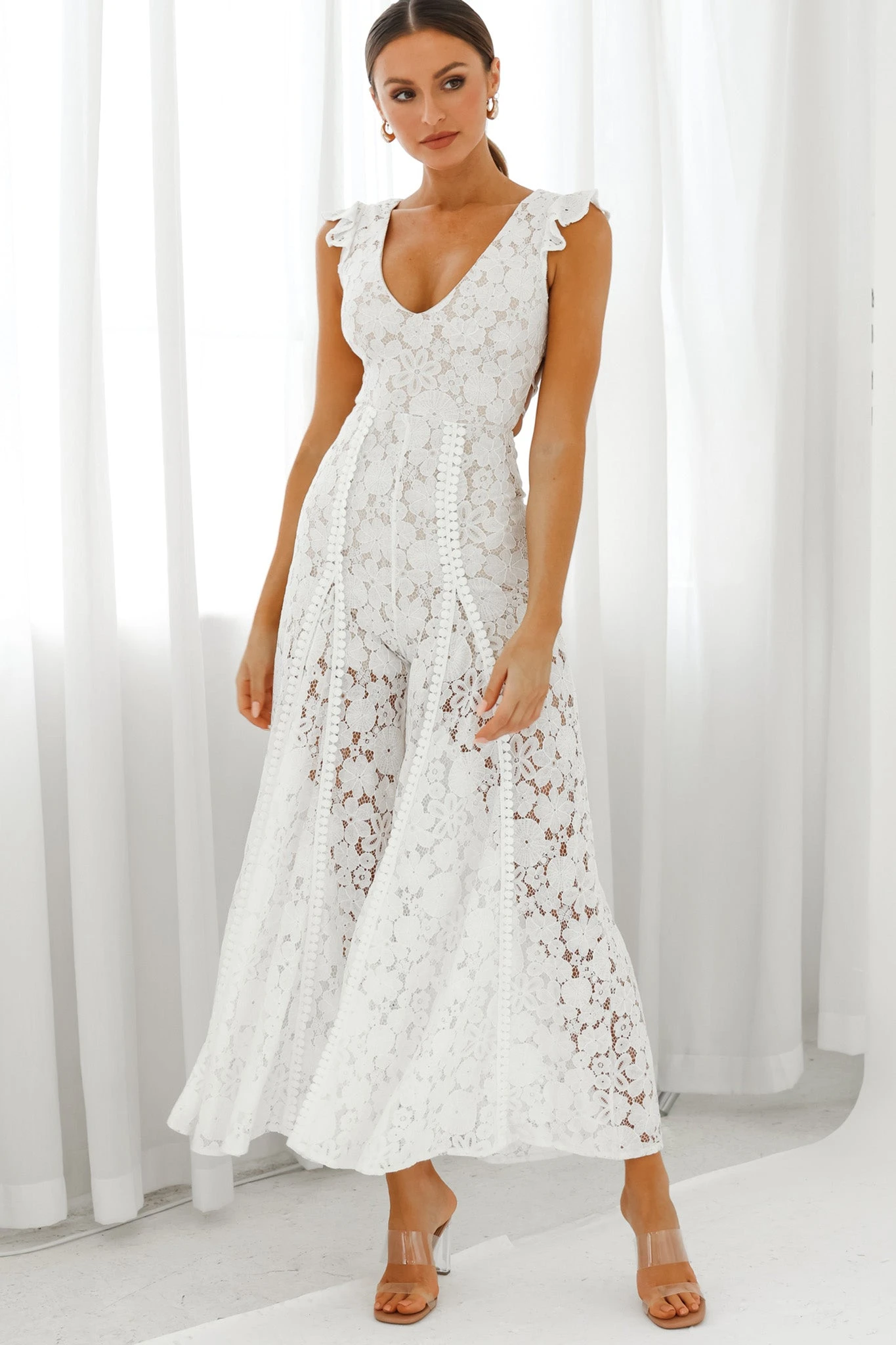 Take Note Laced-Back Frill Shoulder Lace Jumpsuit White - Image 6