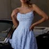 Marbella Floral Embroidered Overlay Scoop Neck Mini Dress Steel Blue