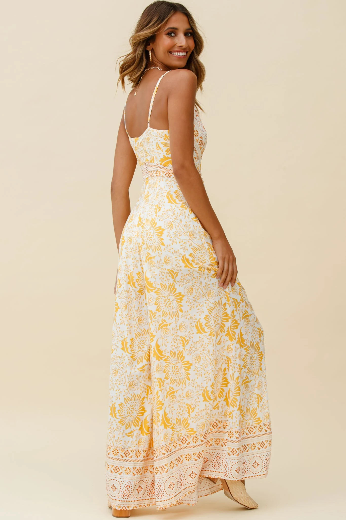 Taylor V-Neck Split Wide Leg Jumpsuit Stencil Print Yellow - Image 3