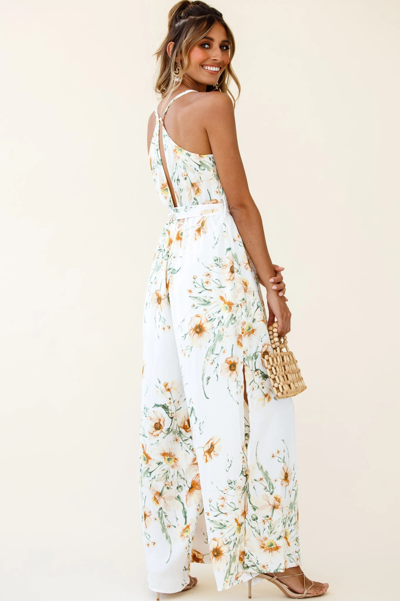 Miso Wide-Leg Cami Jumpsuit Floral Print White - Image 6