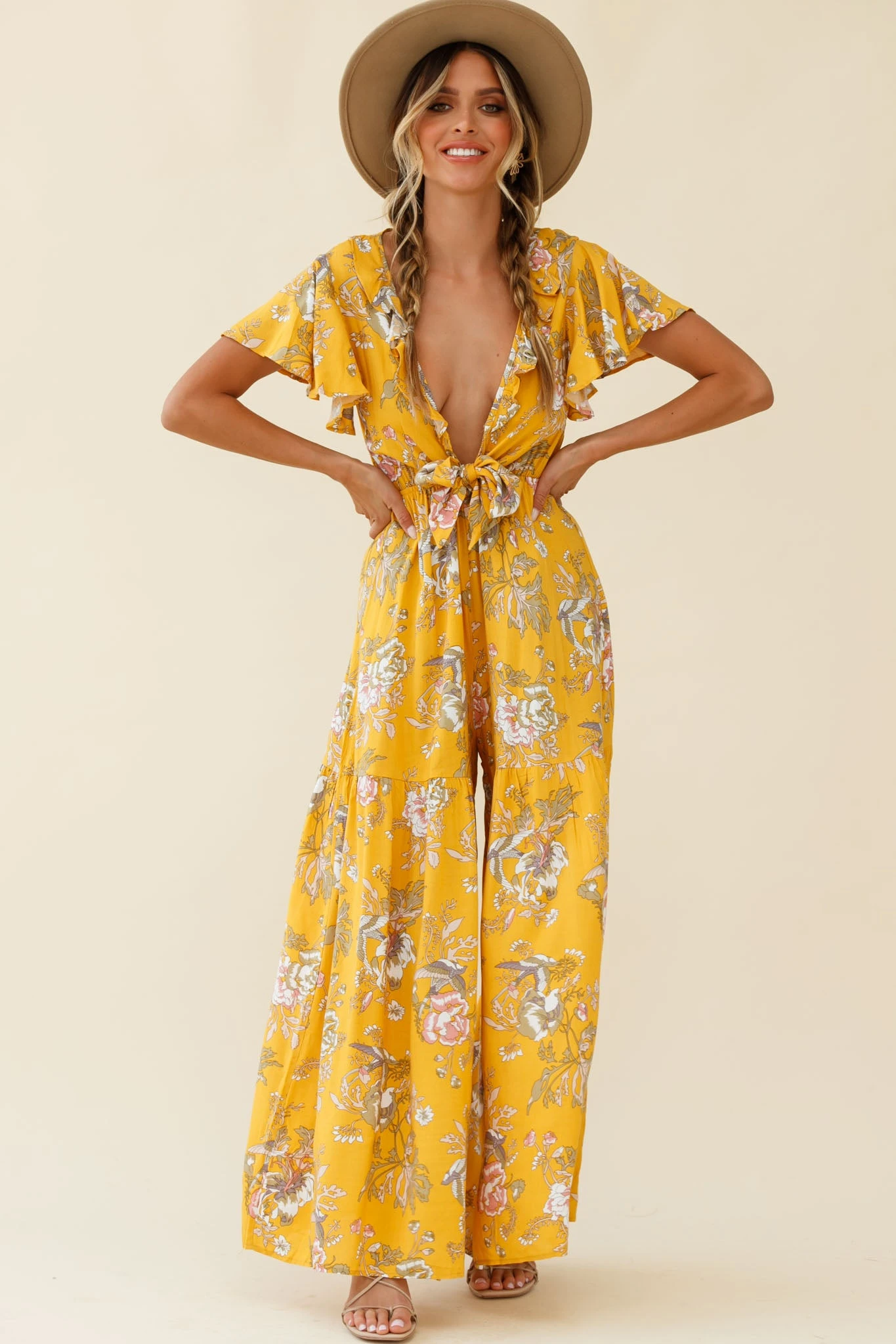 Kasey Tied Bust Wide Leg Floral Print Jumpsuit Mustard - Image 2