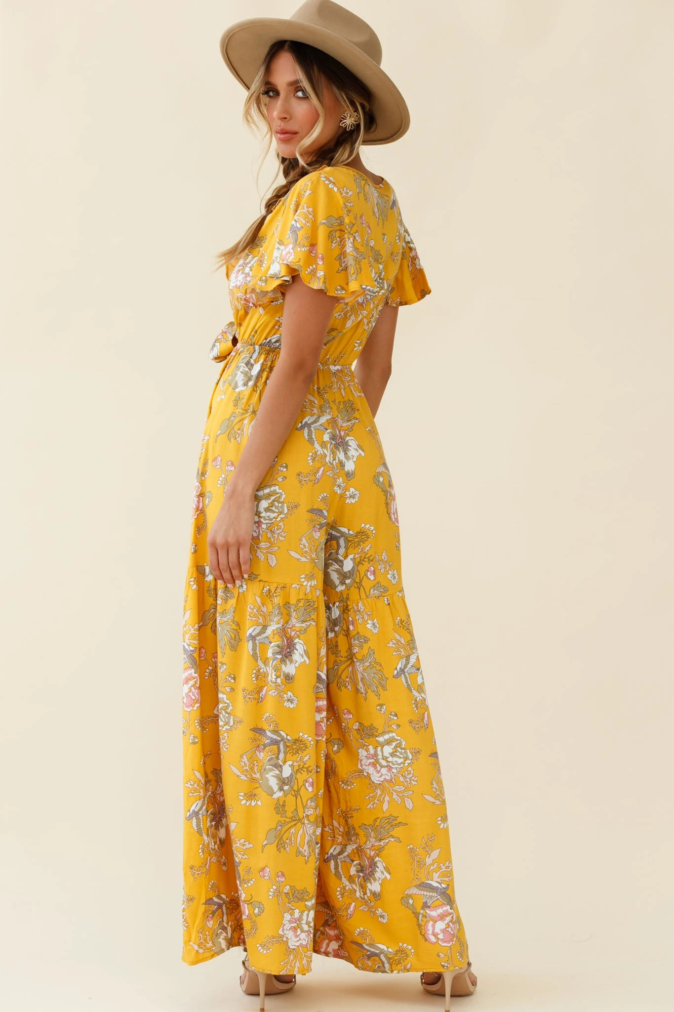 Kasey Tied Bust Wide Leg Floral Print Jumpsuit Mustard - Image 3