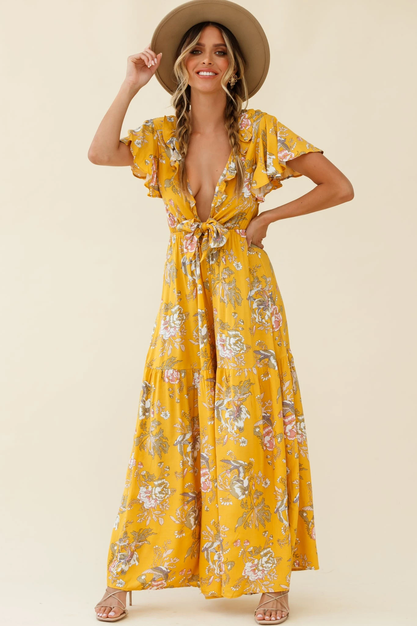 Kasey Tied Bust Wide Leg Floral Print Jumpsuit Mustard - Image 5