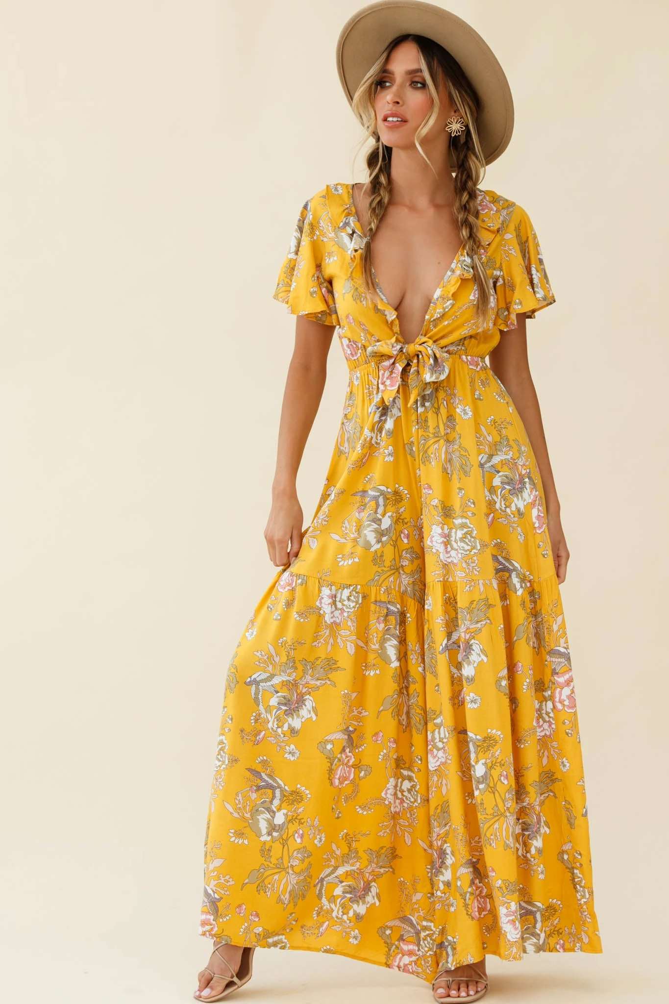Kasey Tied Bust Wide Leg Floral Print Jumpsuit Mustard - Image 6