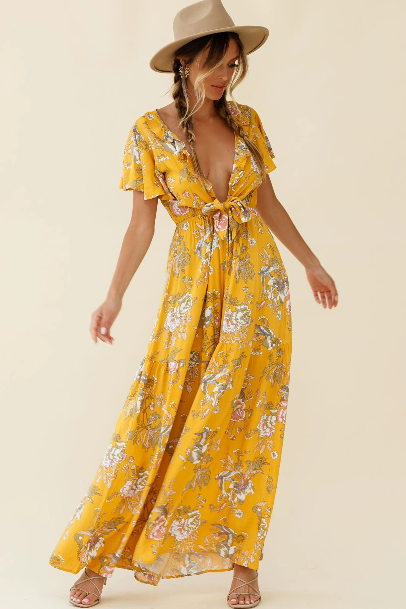 Kasey Tied Bust Wide Leg Floral Print Jumpsuit Mustard - Image 7