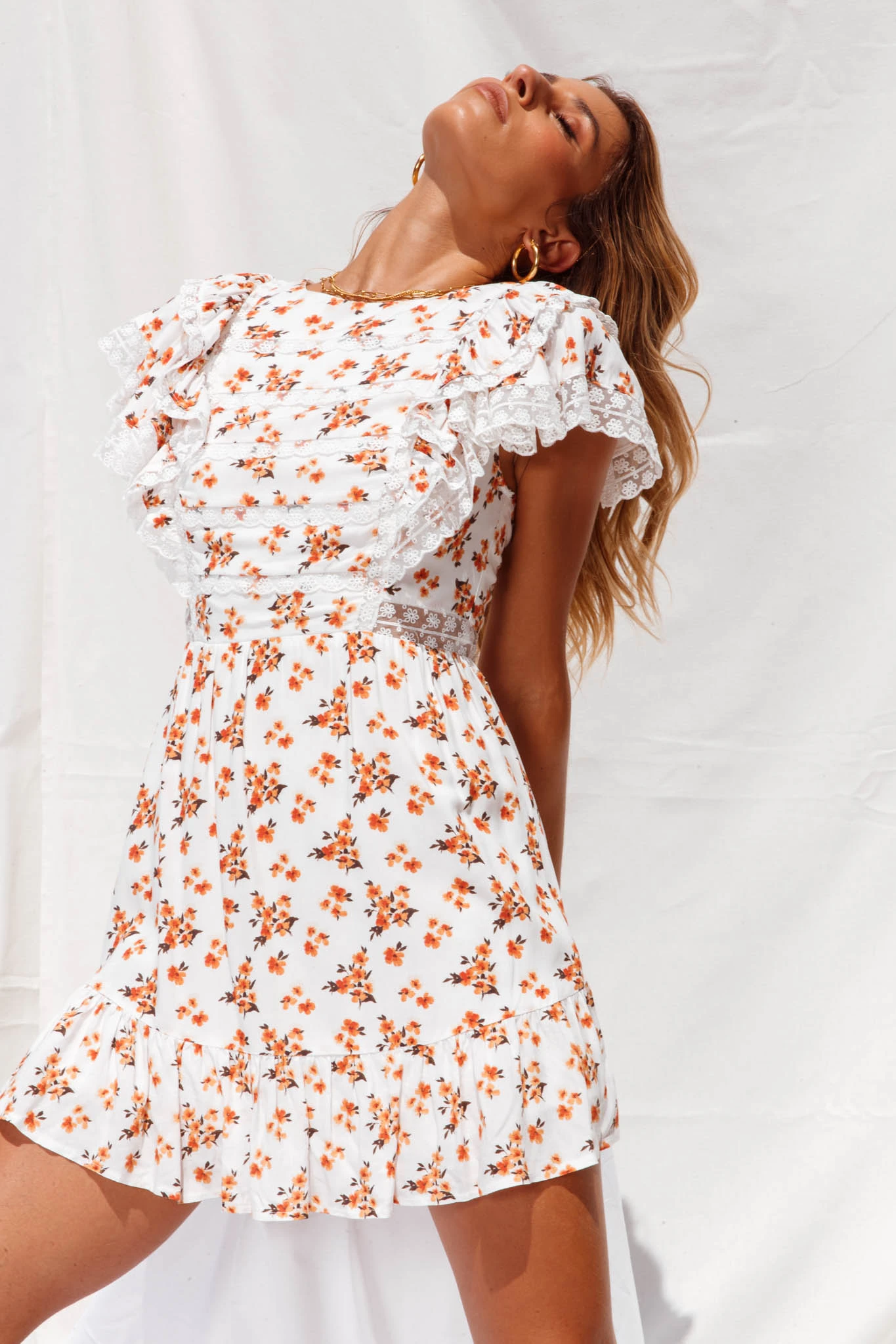 Hello Sunshine Lace Trim Ruffle Shoulder Dress Floral Print White/Orange - Image 6