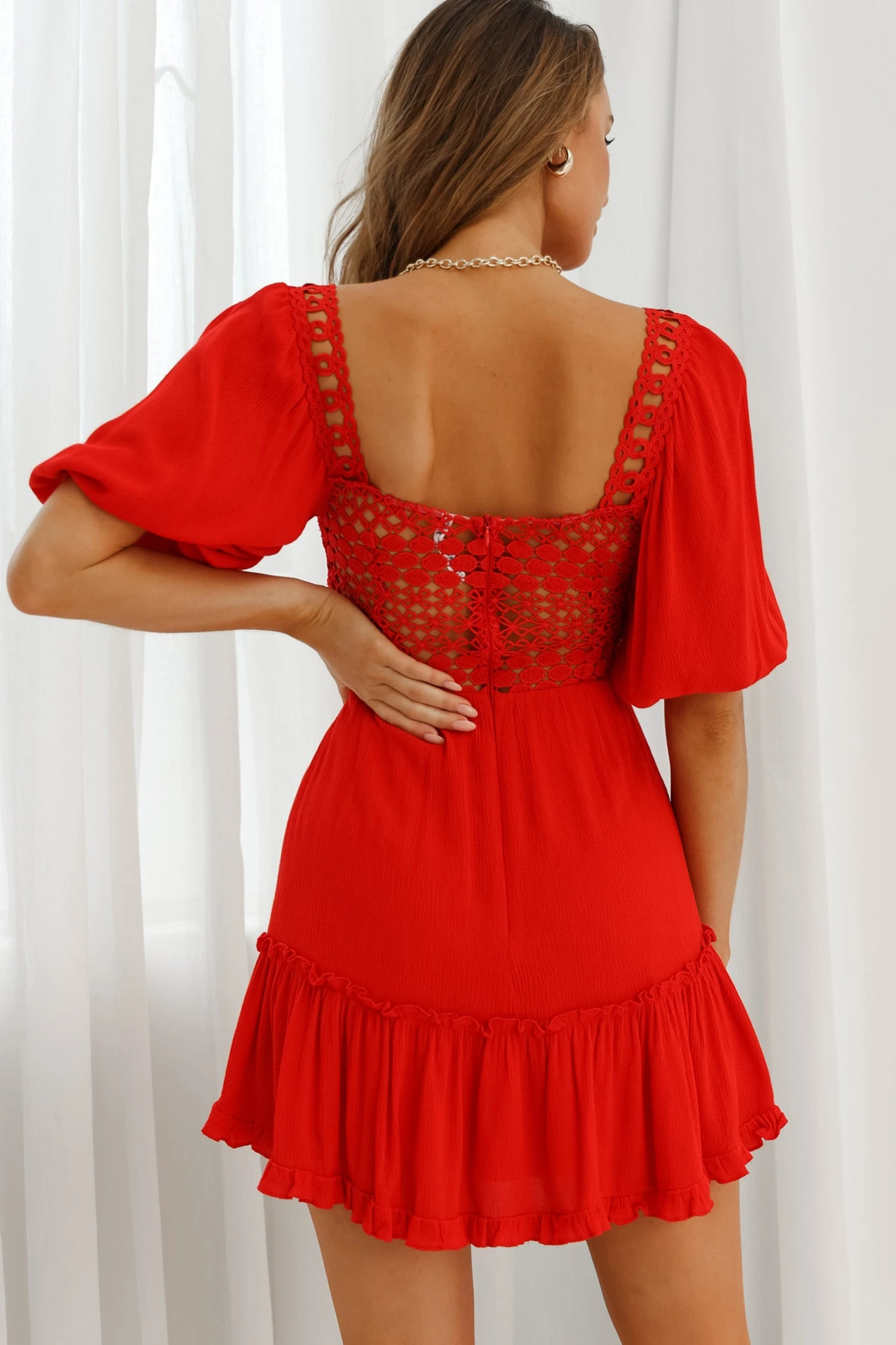 Golden Hour Lace-Up Front Crochet Dress Red - Image 2