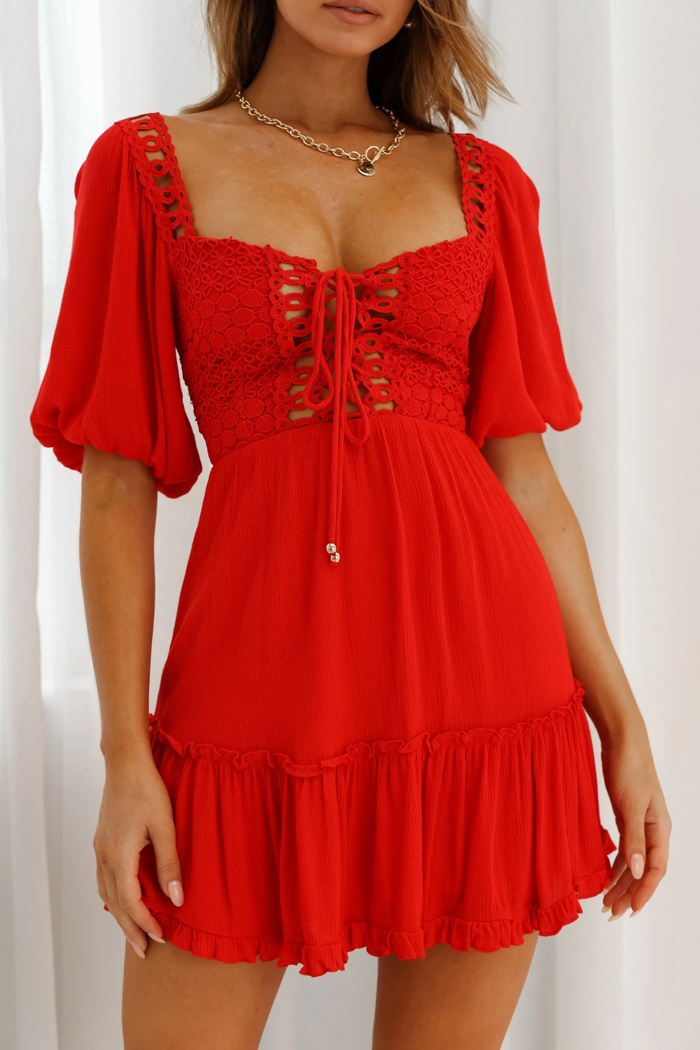 Golden Hour Lace-Up Front Crochet Dress Red - Image 4