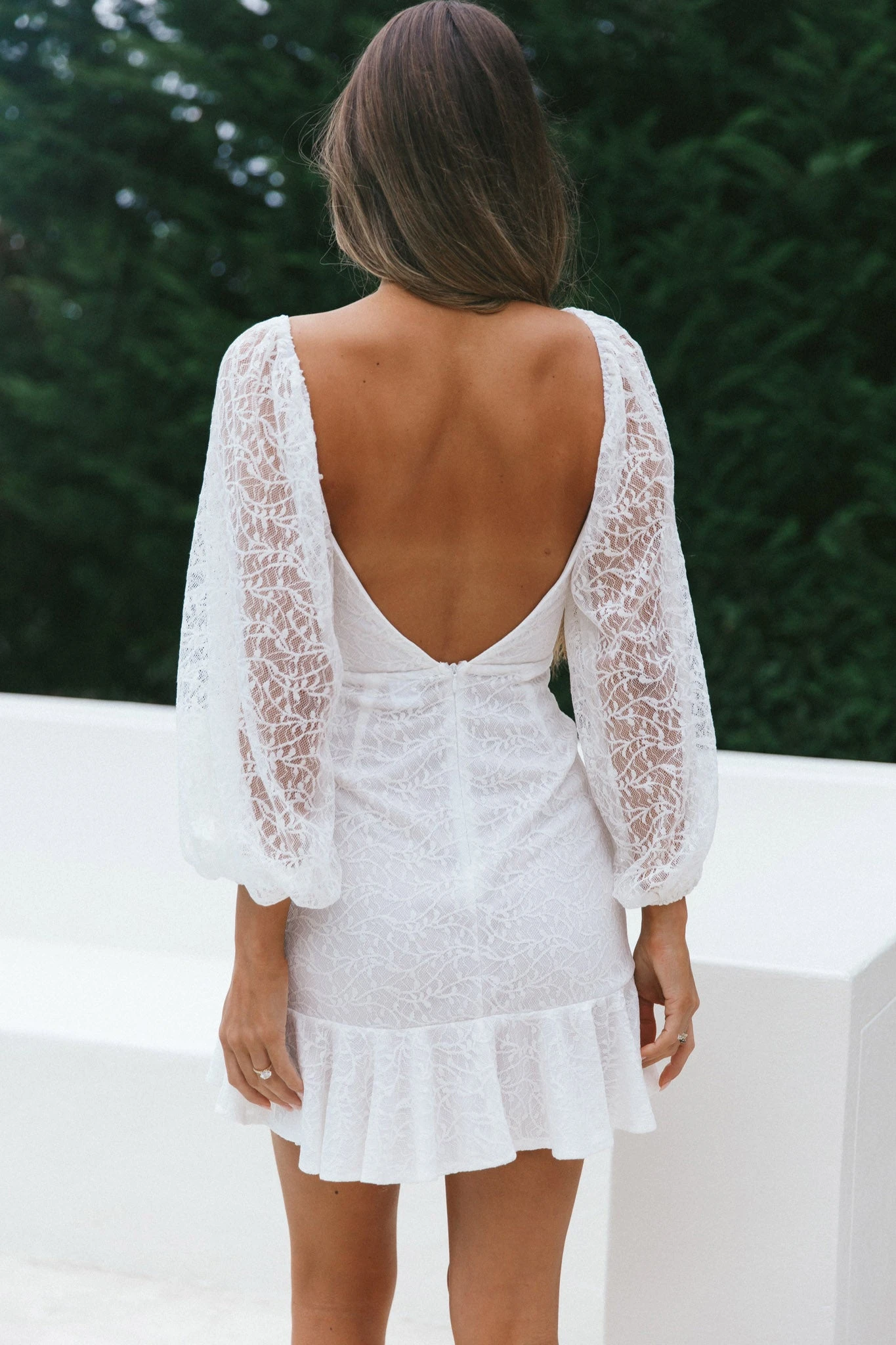 Halley Balloon Sleeve Frill Bust Flounce Hem Lace Dress White - Image 3