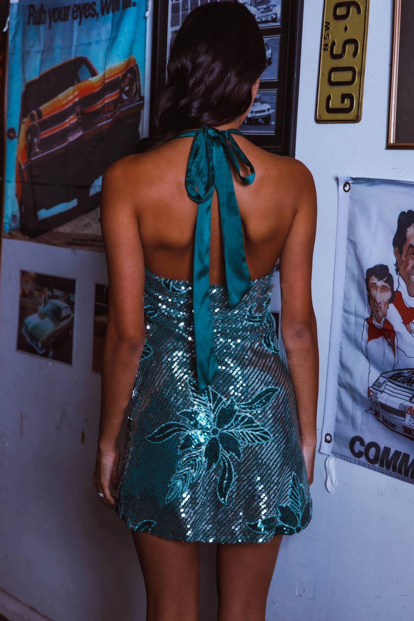 Champagne Showers Halterneck Slip Mini Dress Sequin Flowers Green - Image 9