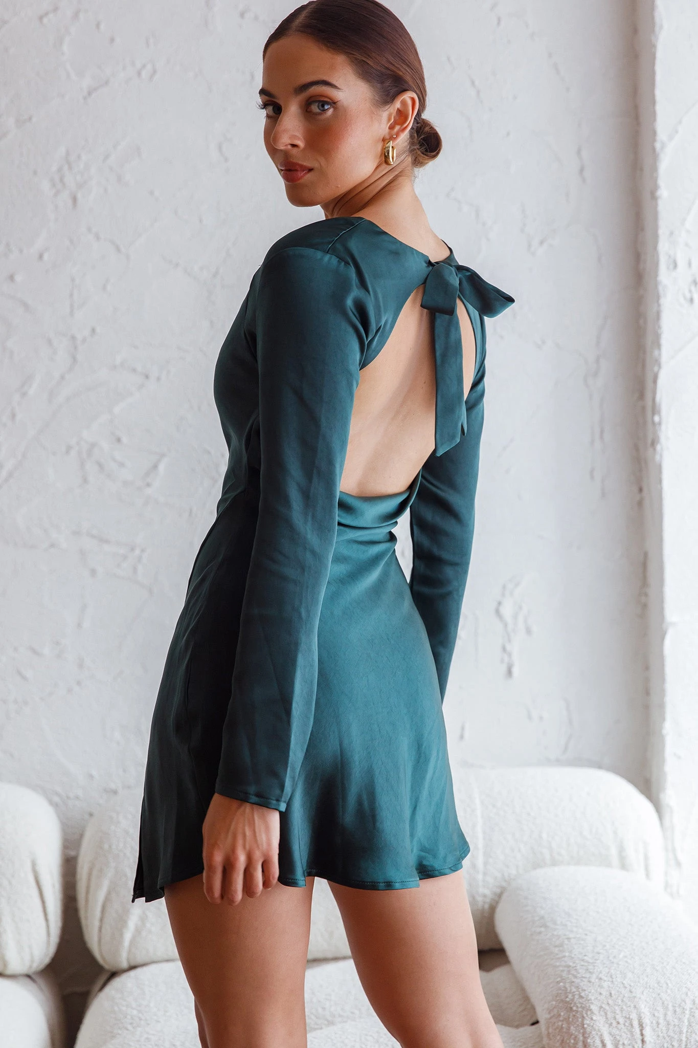 Champs Elysees Long Sleeve Open Back Mini Dress Forest Green - Image 2