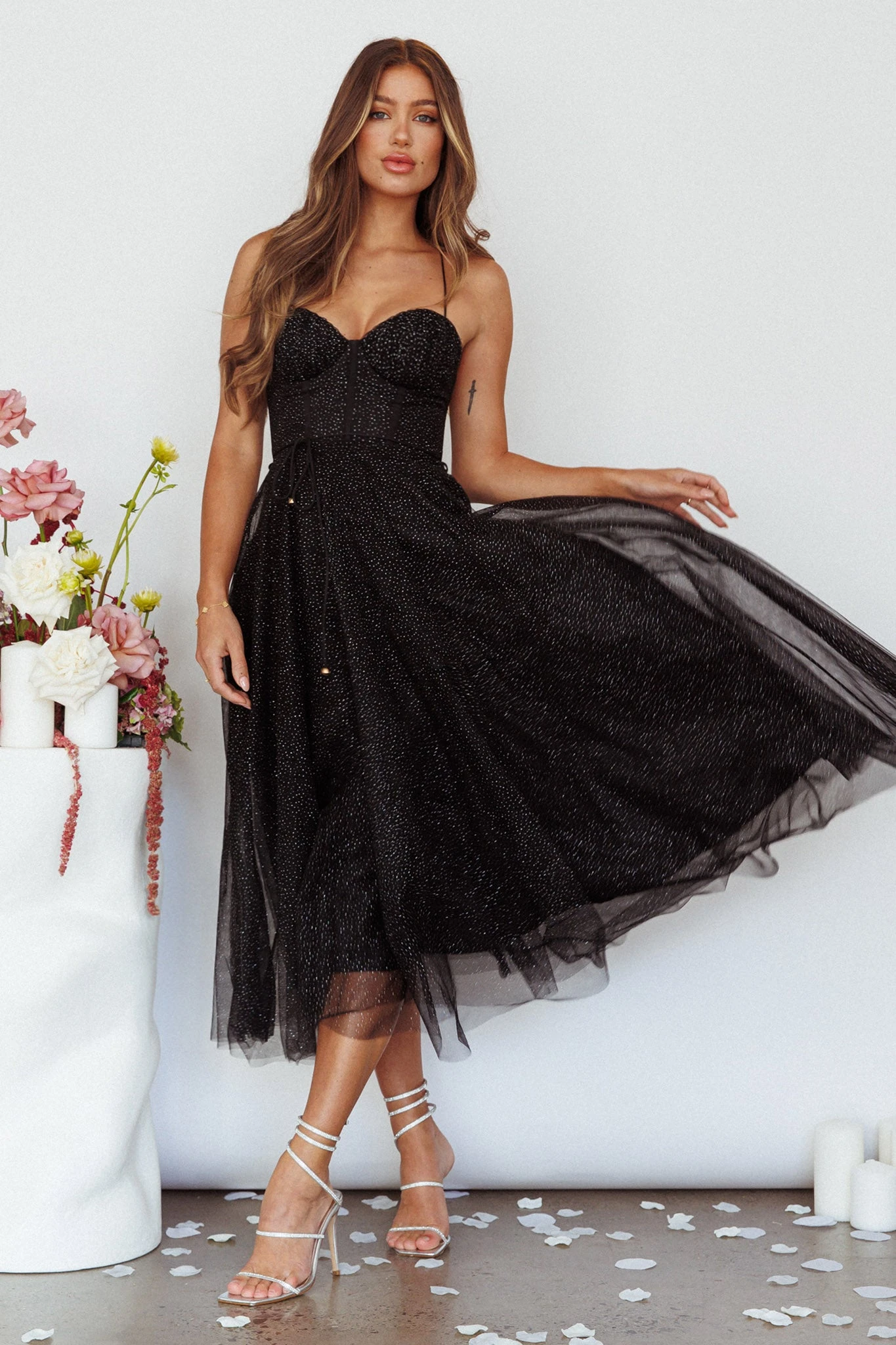 Smitten Sweetheart Neckline Chiffon Midi Dress Black Sparkle - Image 5