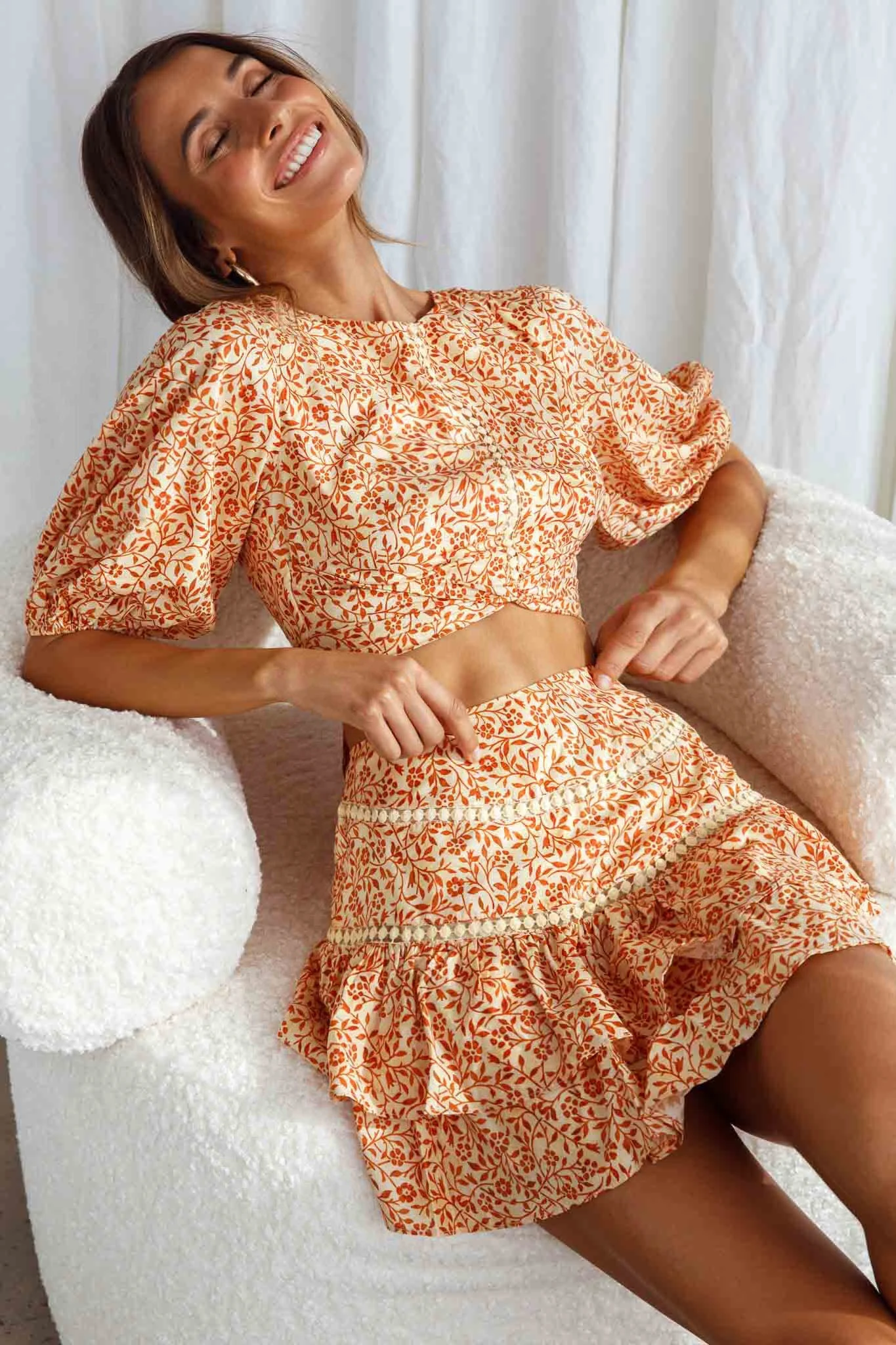 Belong Together Puff Sleeve Open Back Crop Top Floral Print Sun - Image 4