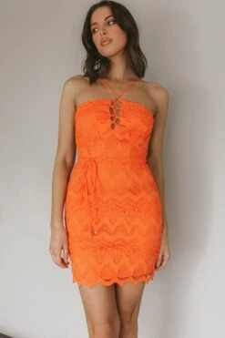 St Kilda Embroidered Lace Strappy Dress Coral