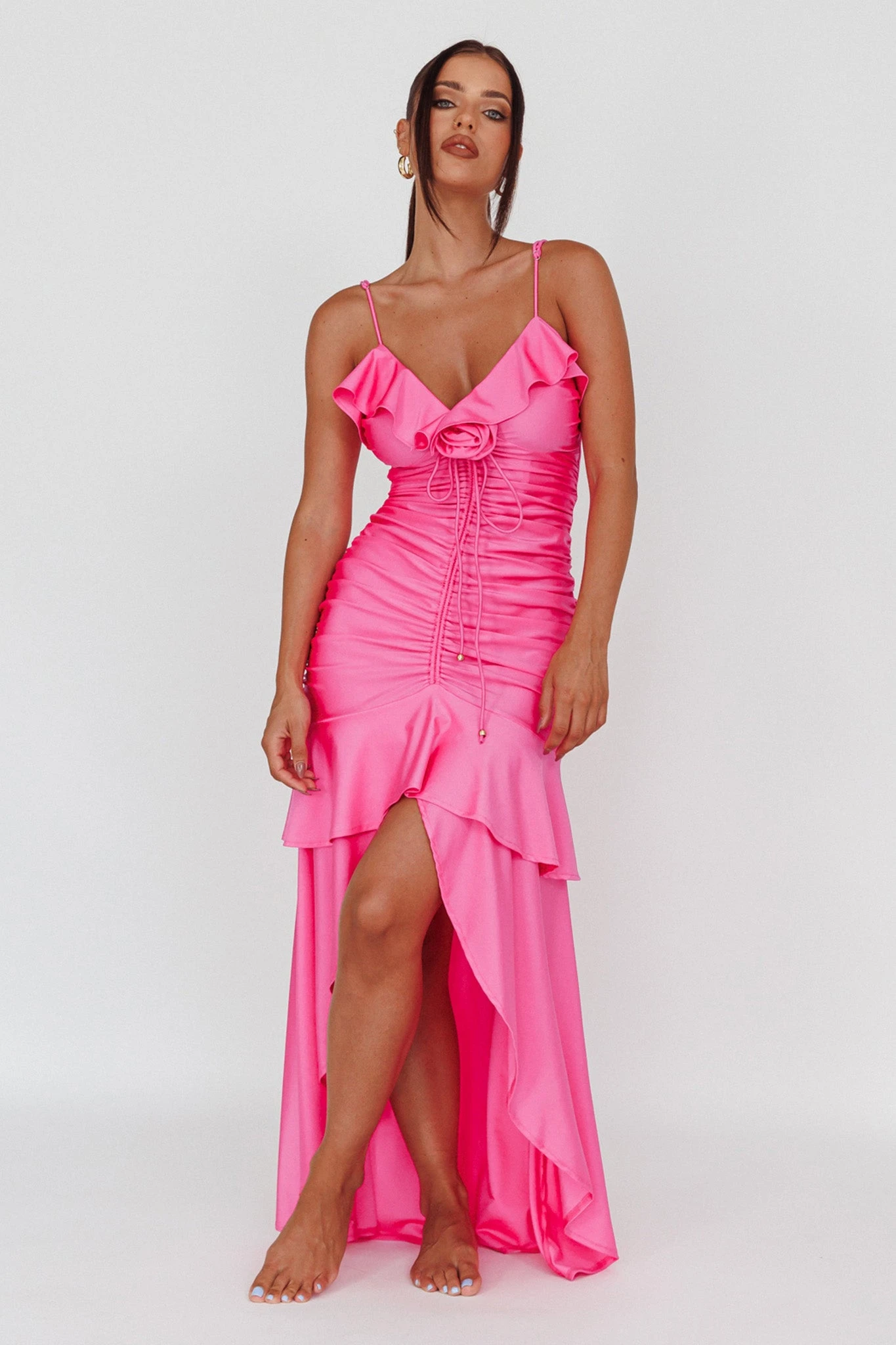 Rosalia Ruched Ruffle Maxi Dress Fuchsia - Image 3