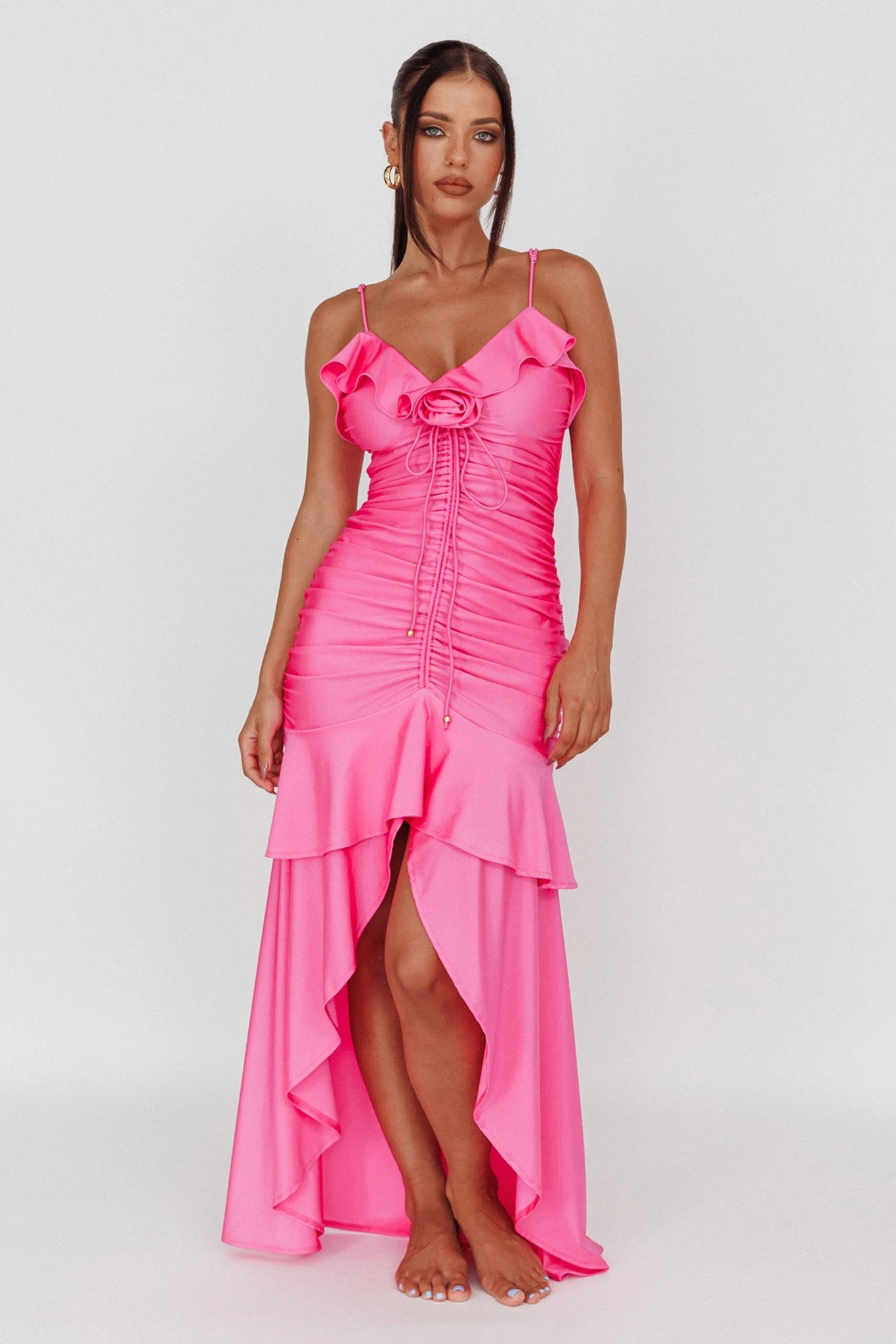 Rosalia Ruched Ruffle Maxi Dress Fuchsia - Image 4