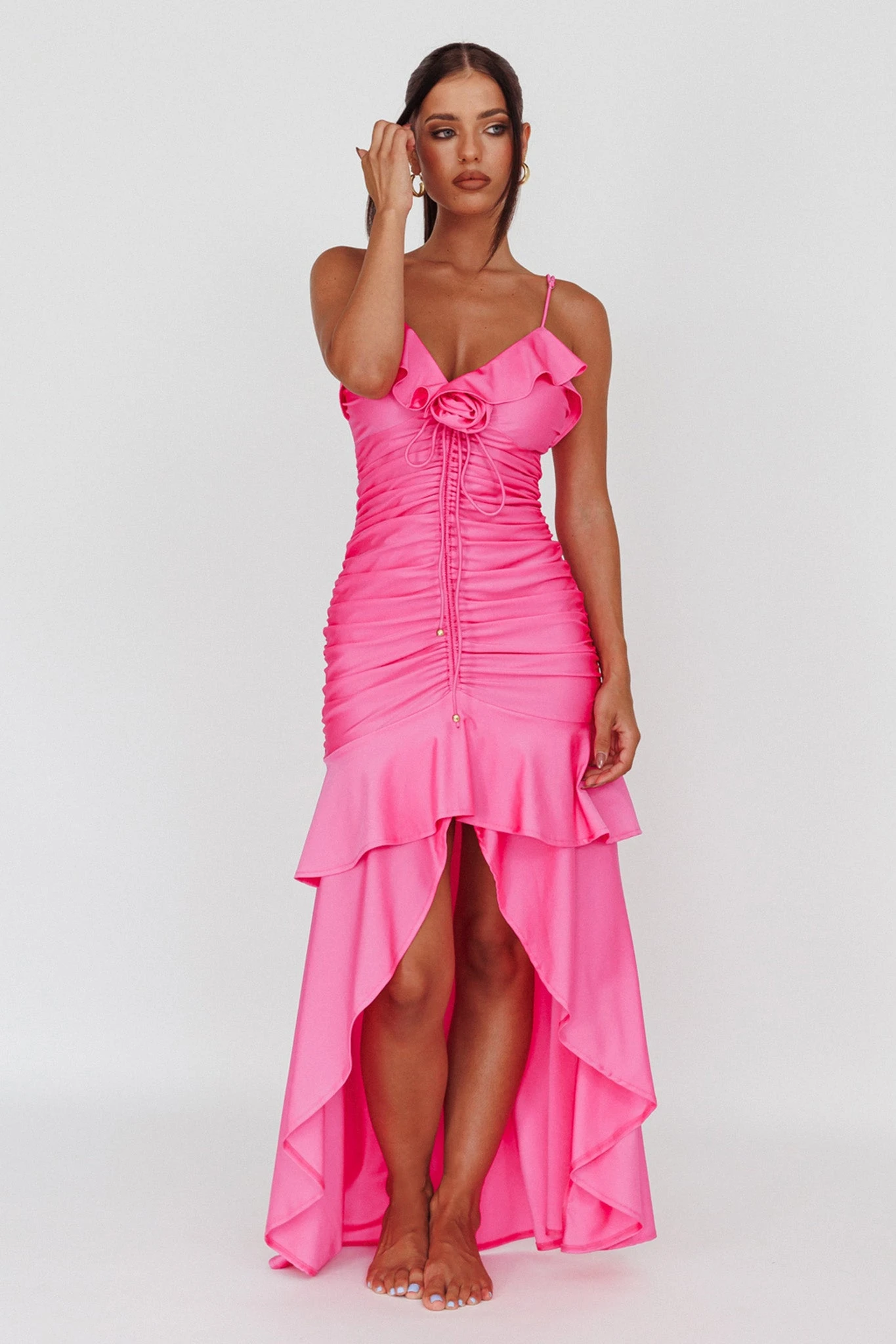 Rosalia Ruched Ruffle Maxi Dress Fuchsia - Image 6