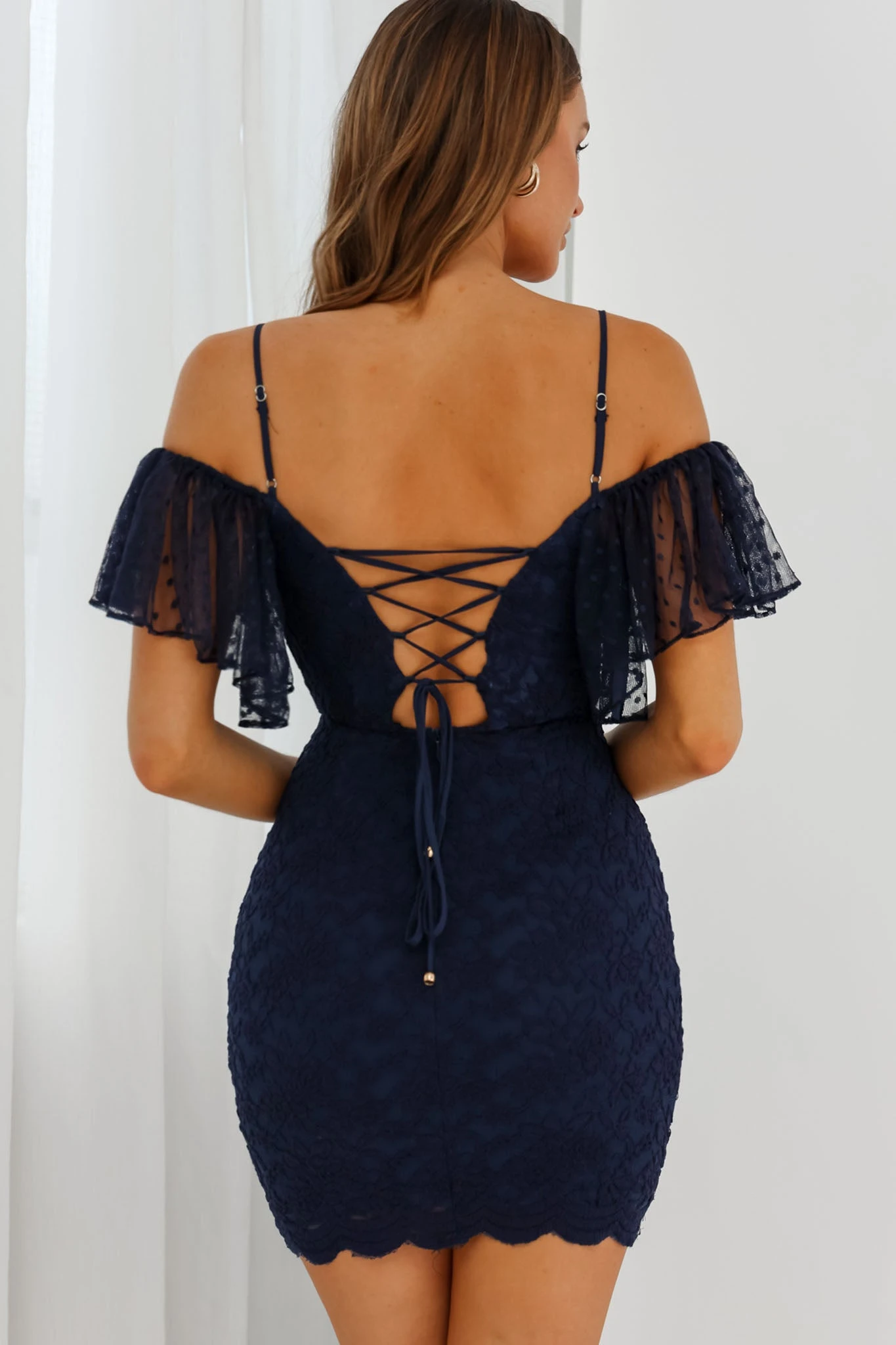 Maribel Hail Spot Sleeve Lace-Up Back Lace Mini Dress Navy - Image 2