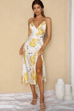 Marquis Pintuck Pleat Bust Front Split Midi Dress Floral Print White