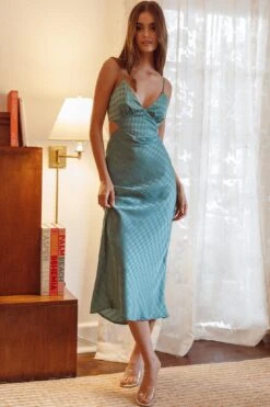 City Lights Cut-Out Waist Split Midi Dress Check Green