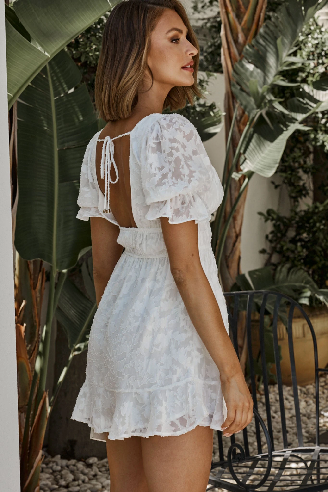 Lilibet Puff Sleeve Elasticated Waist Textured Dress White - Image 7