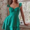 Theory Sweetheart Neckline Frill Strap Mini Dress Textured Green