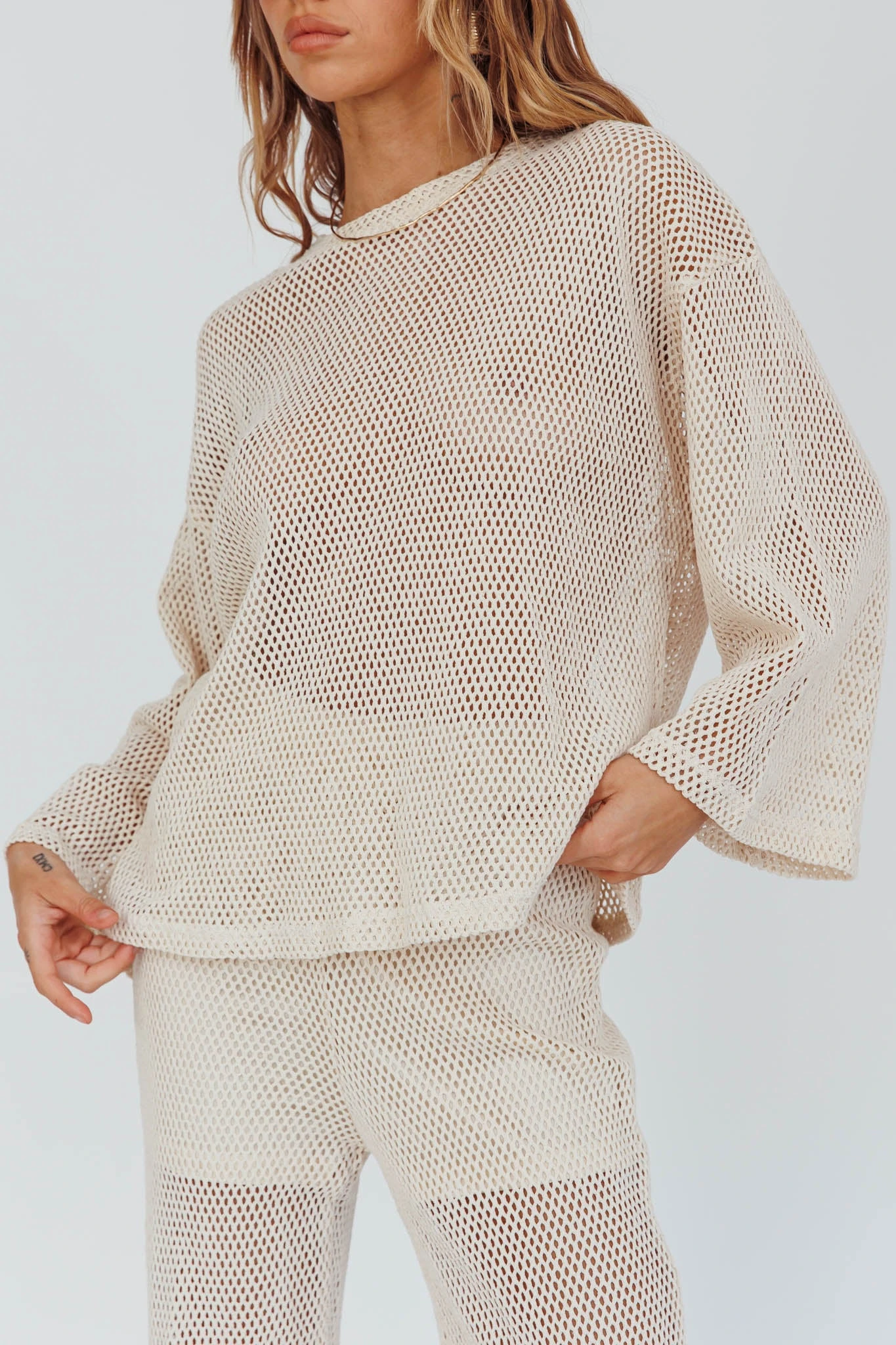 Mahina Long Sleeve Net Top Sand - Image 4