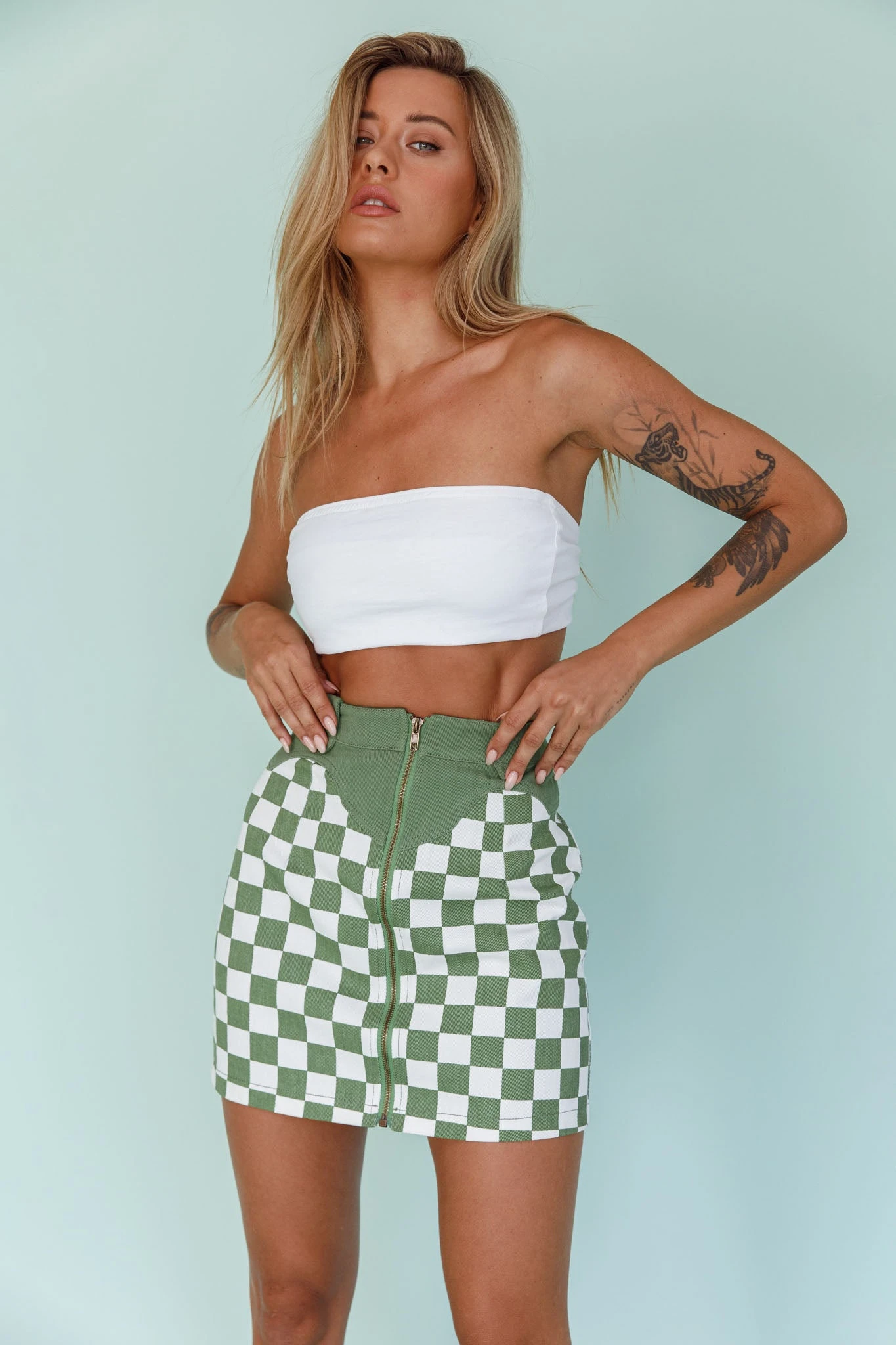 Rewind Zipper Front Mini Skirt Checkered Green - Image 3