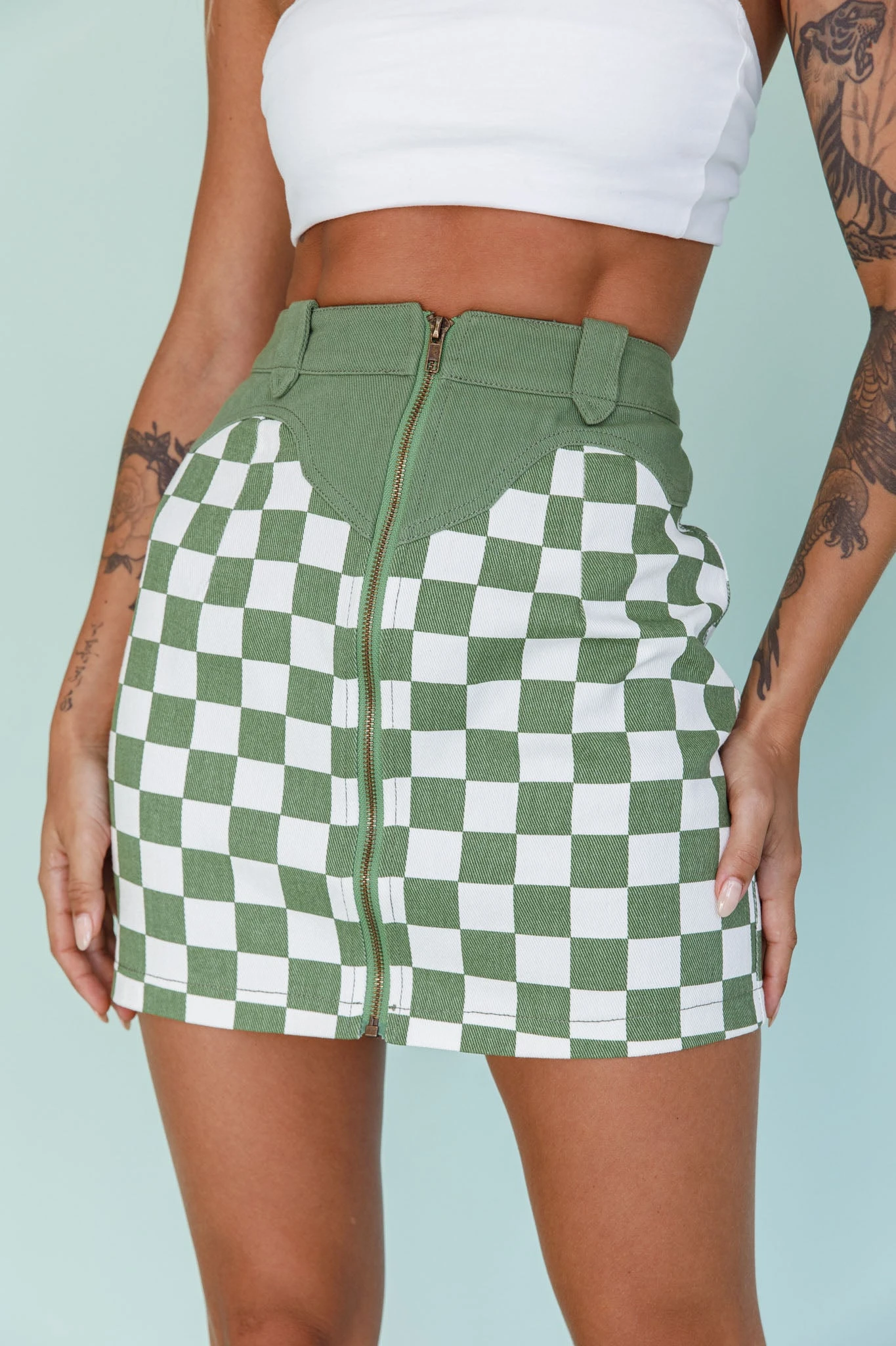 Rewind Zipper Front Mini Skirt Checkered Green - Image 4