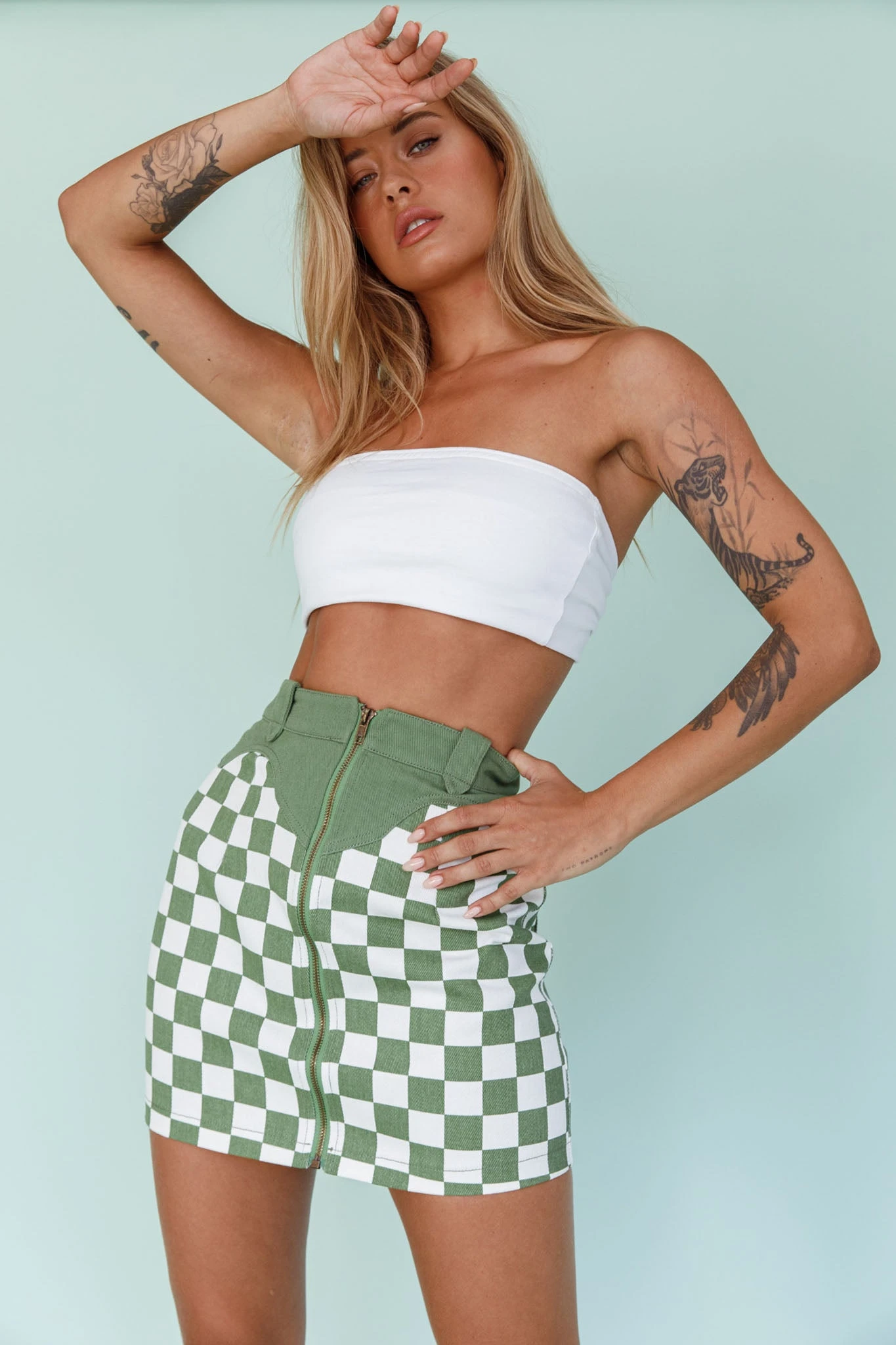 Rewind Zipper Front Mini Skirt Checkered Green - Image 5