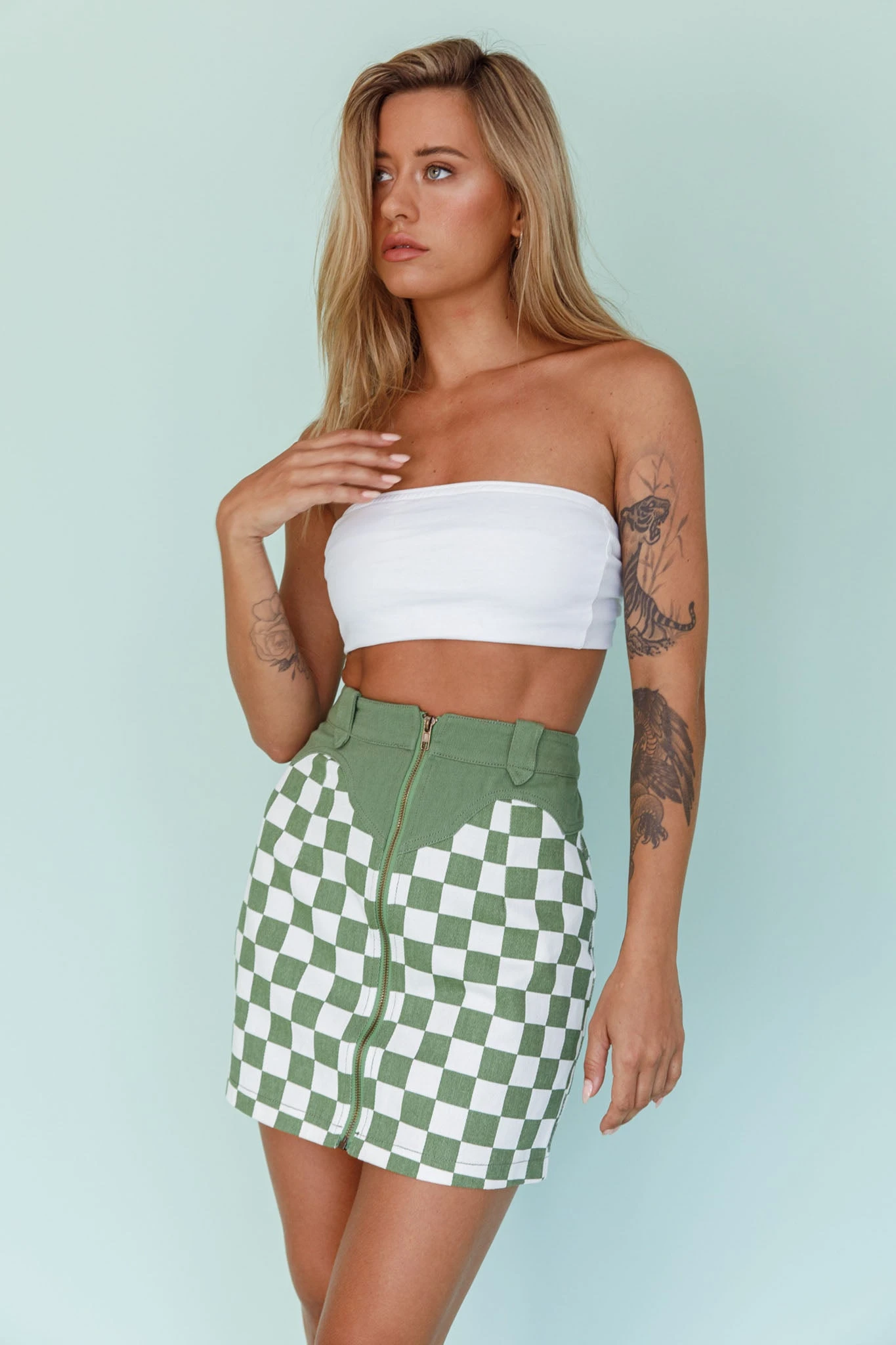 Rewind Zipper Front Mini Skirt Checkered Green - Image 6